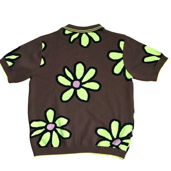 WESC Oversized Women Polo Collar Daisy Cardigan Shirt Brown Green Flowers XL NWT - Picture 2 of 10